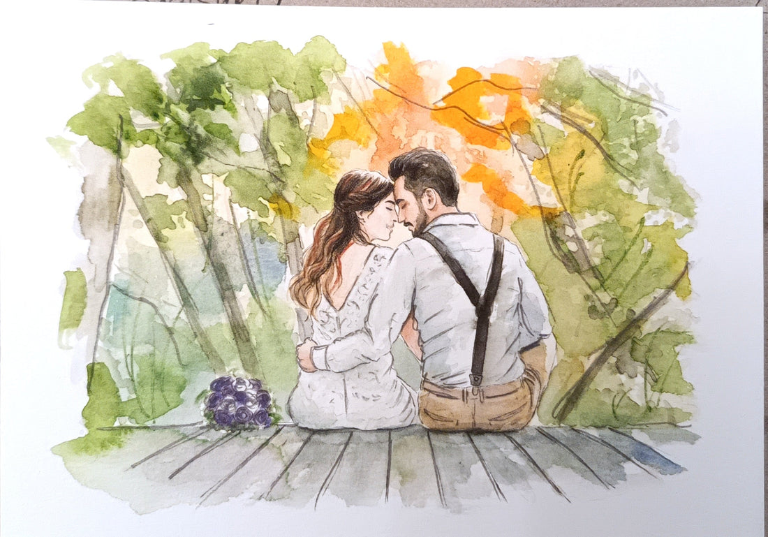Watercolour wedding painting of a couple sitting together against a leafy background