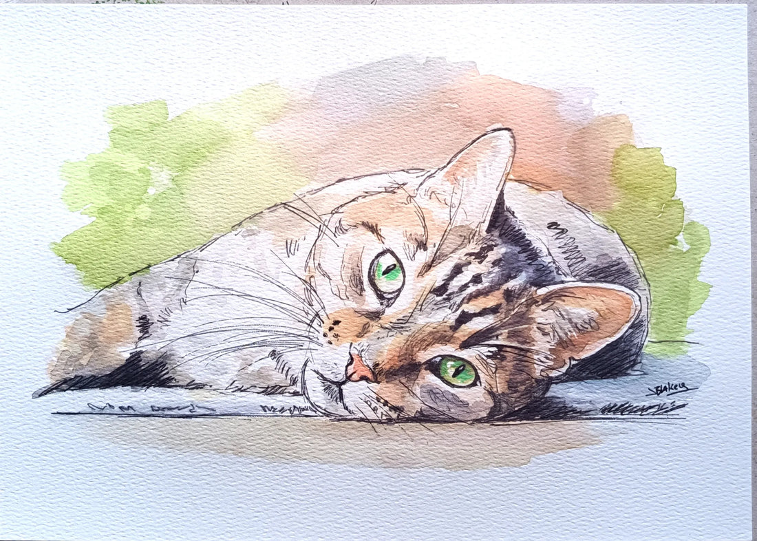 Original hand-painted portrait of a resting tabby cat