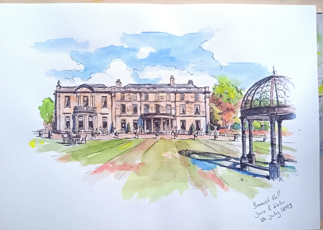 Hand-painted watercolour of Beamish Hall wedding venue with lawn and ornate garden gazebo