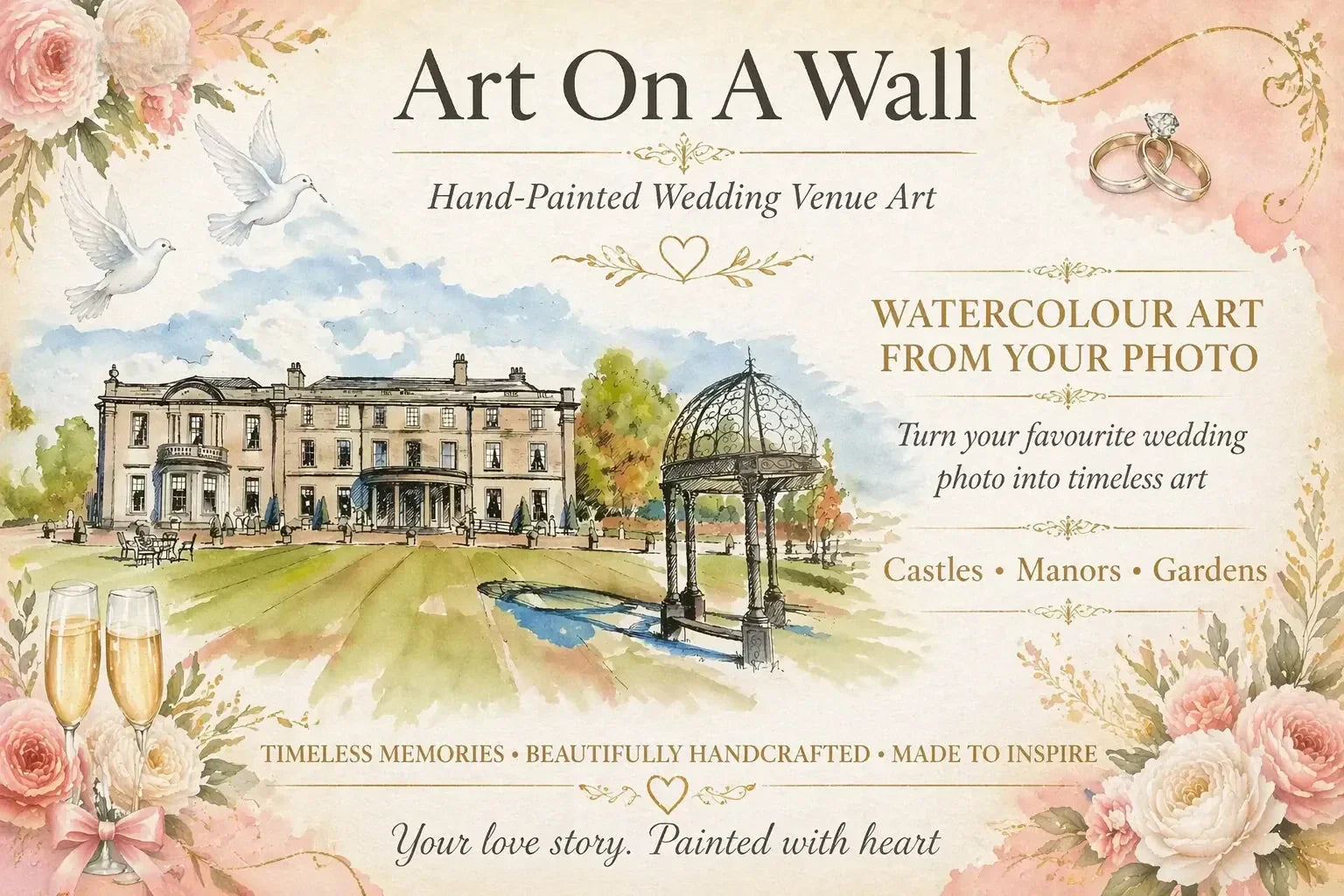 Beamish Hall Watercolour Wedding Venue Portrait | Real Hand Painted Wedding Gift From Photo