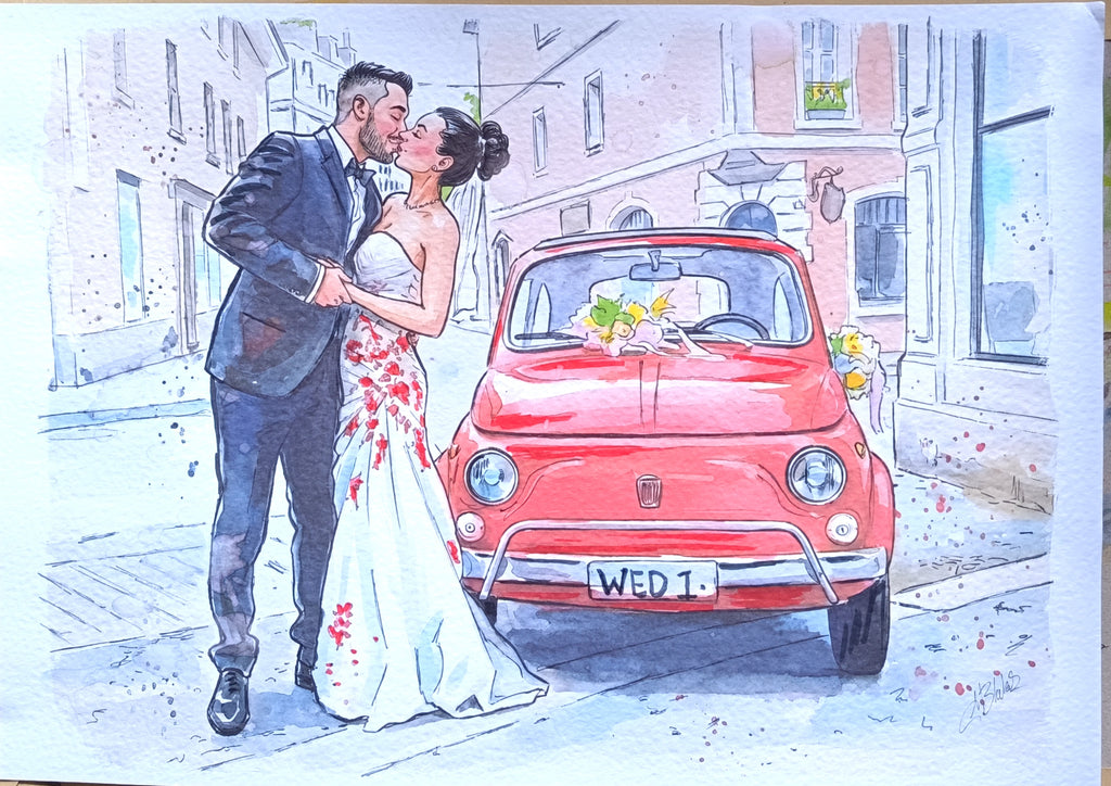 Watercolor illustration of a bride and groom kissing beside a red vintage car on a city street