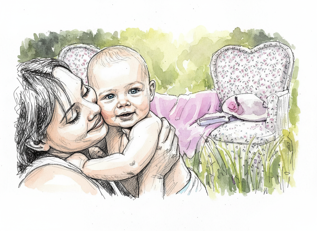 Watercolor illustration of a mother holding her baby in a garden setting with a floral chair in the background