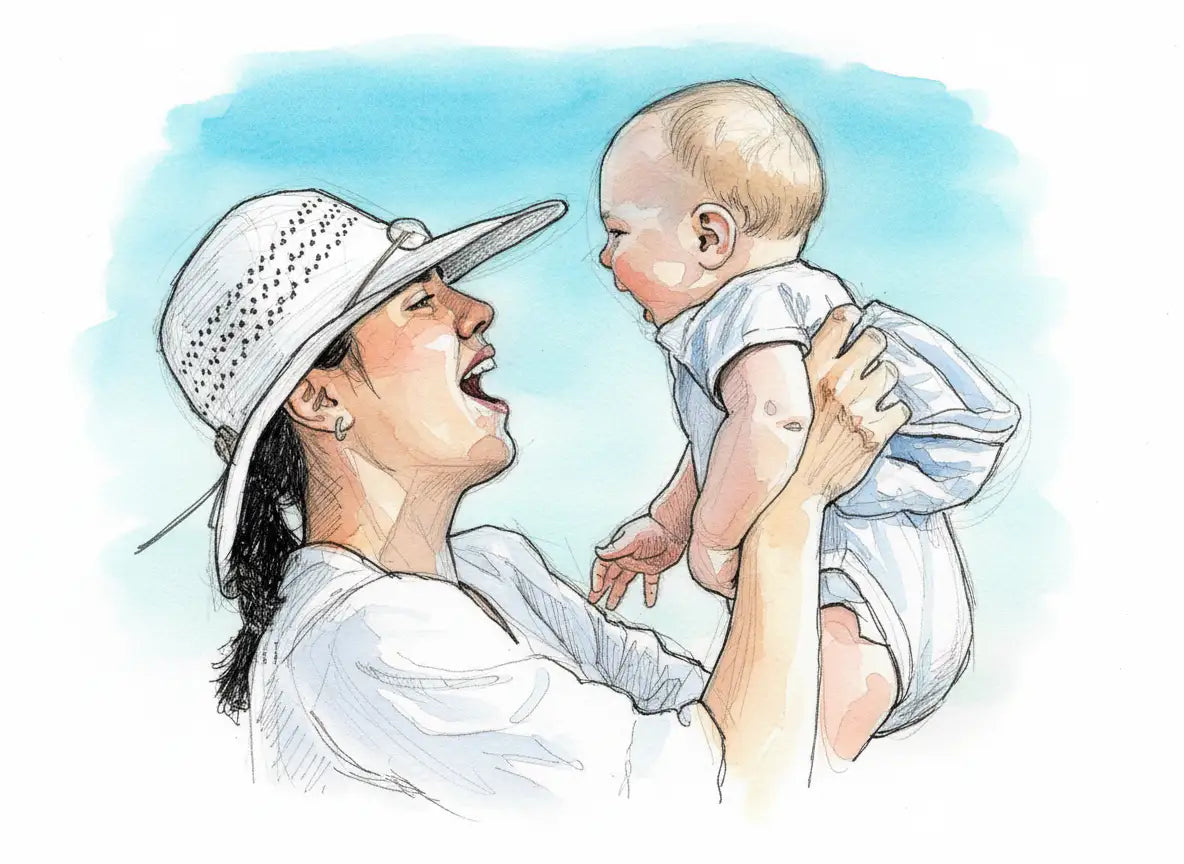 Watercolor illustration of a woman in a sun hat holding a baby up against a blue background
