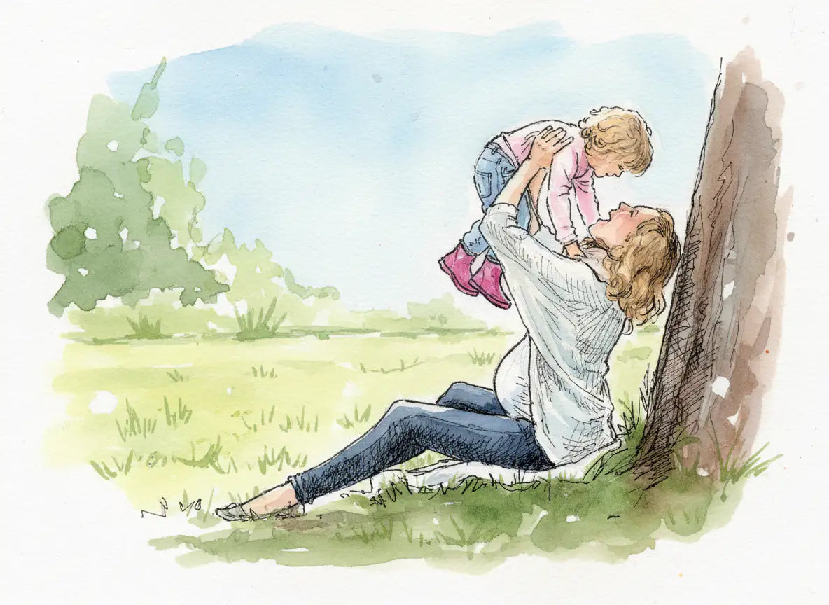 Watercolor illustration of a pregnant woman sitting under a tree lifting a toddler in the air