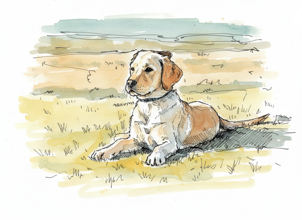 Watercolor illustration of a yellow labrador retriever lying on grass
