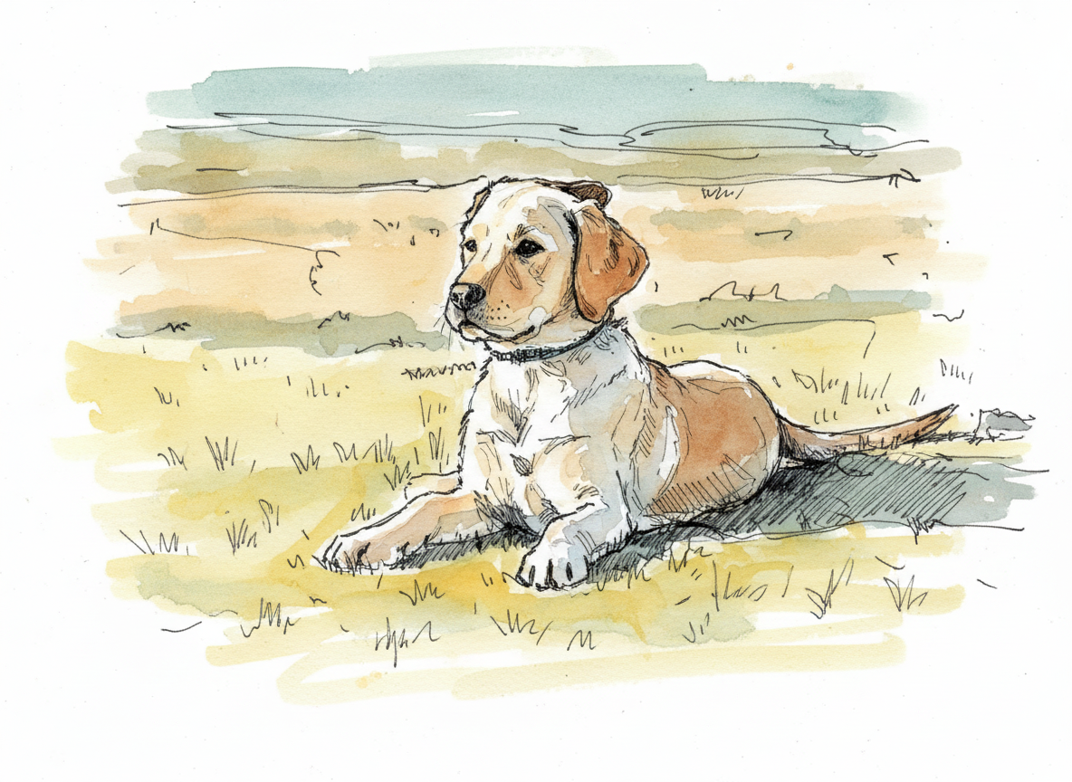 Watercolor illustration of a yellow labrador retriever lying on grass