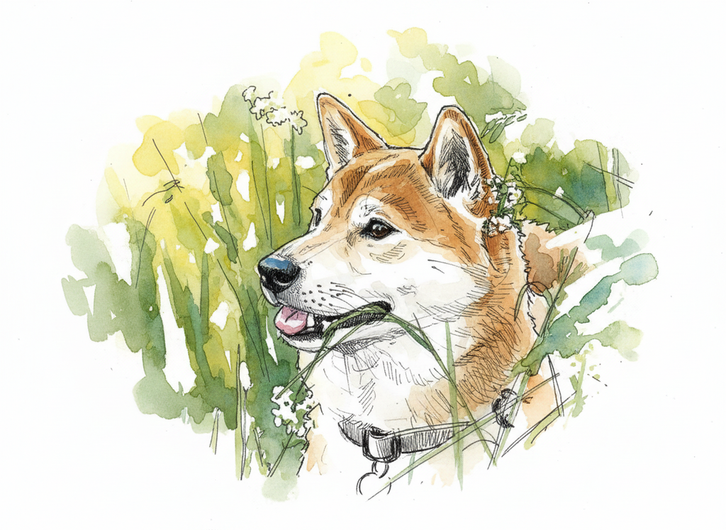 Watercolor illustration of a Shiba Inu dog in tall green grass