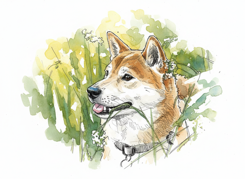 Watercolor illustration of a Shiba Inu dog in tall green grass