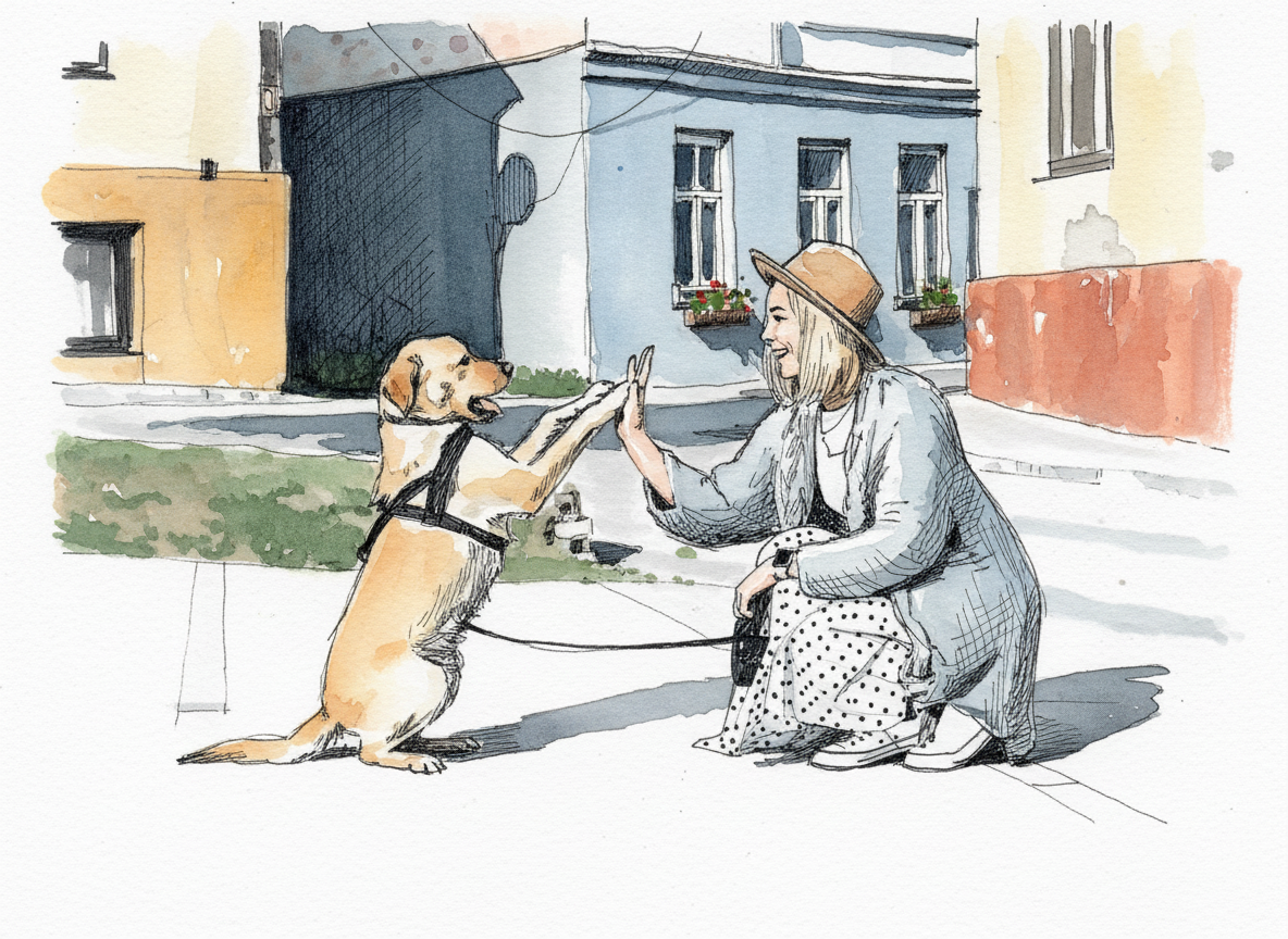 Watercolor illustration of a woman in a hat giving a high five to a golden dog on a city street