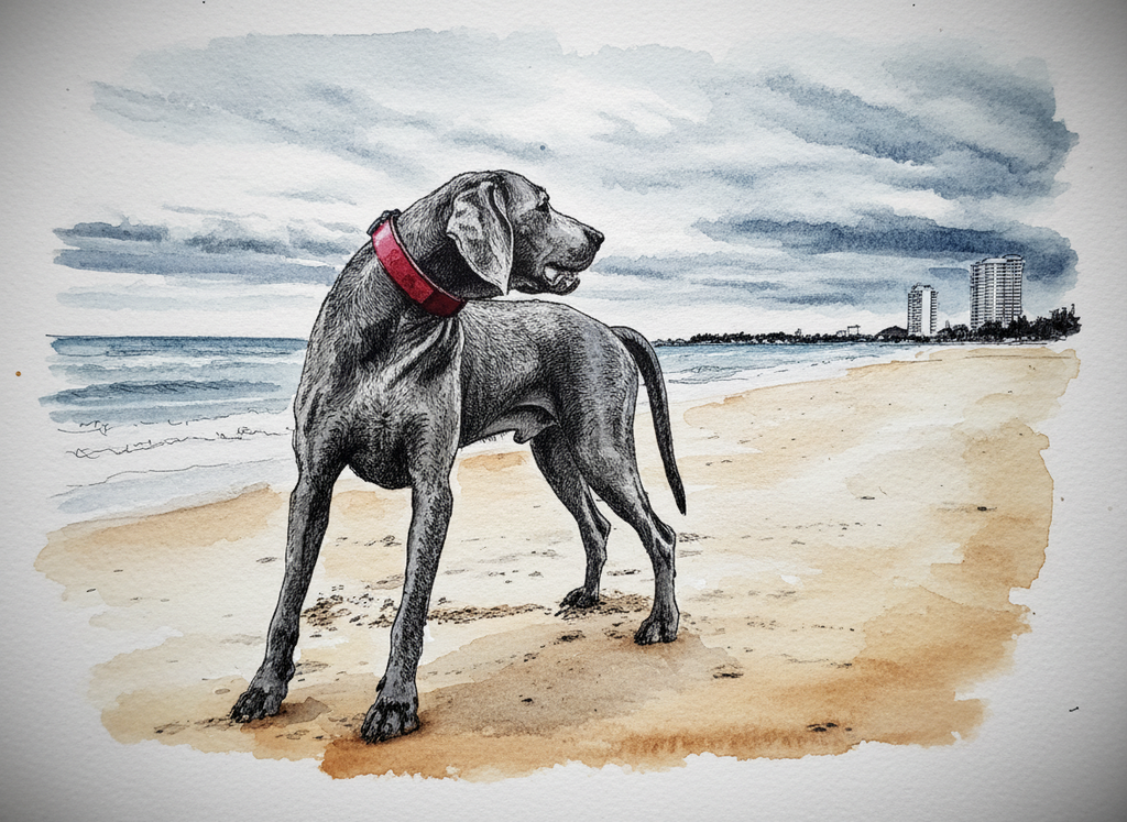 Watercolor illustration of a Weimaraner dog with a red collar standing on a beach with city buildings in the distance