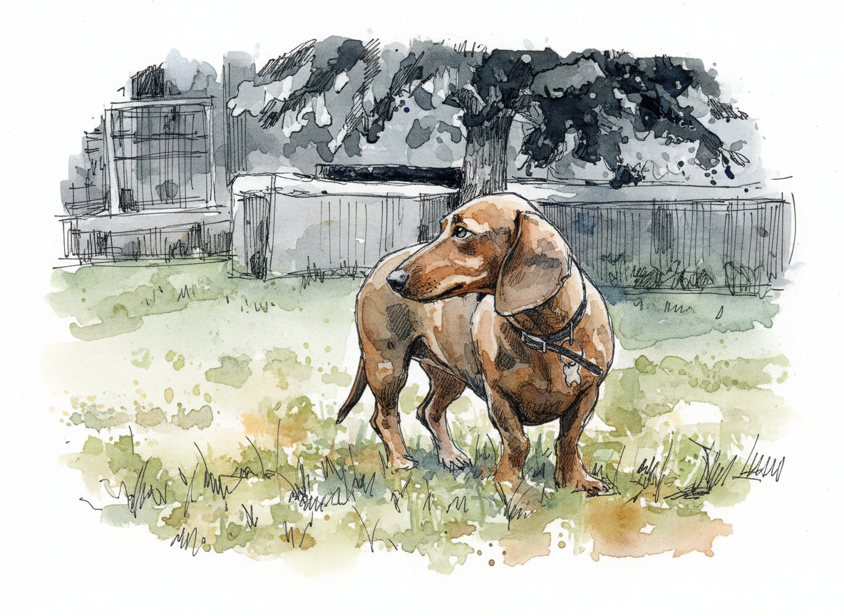 Watercolor illustration of a brown dachshund standing in a grassy yard with a fence and tree in the background