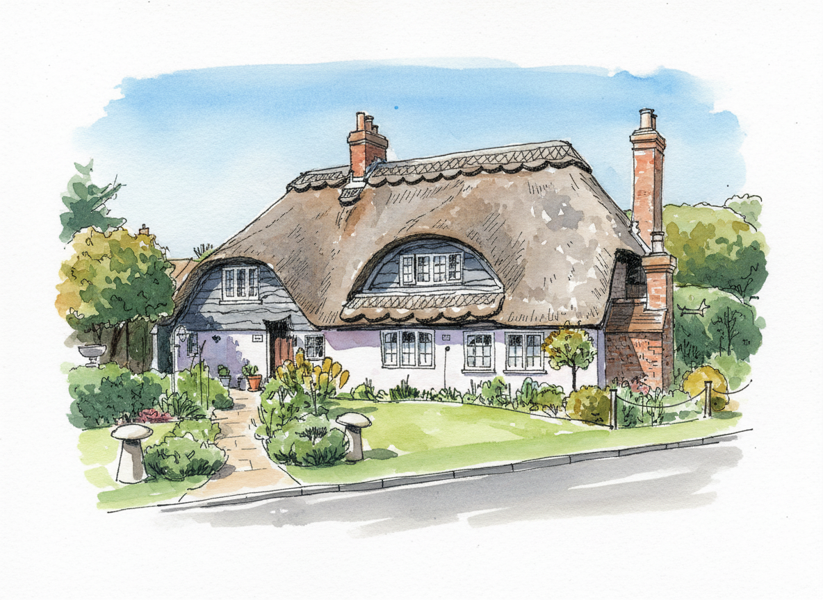 Watercolor illustration of a thatched roof cottage with a garden and stone path