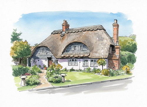Watercolor illustration of a thatched roof cottage with a garden and stone path