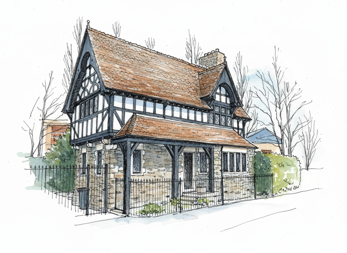 Architectural sketch of a two story stone and timber frame house with a tiled roof and metal fence