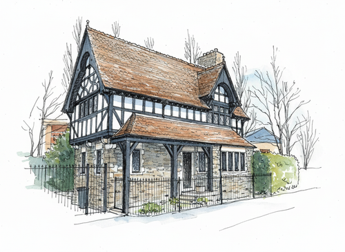 Architectural sketch of a two story stone and timber frame house with a tiled roof and metal fence