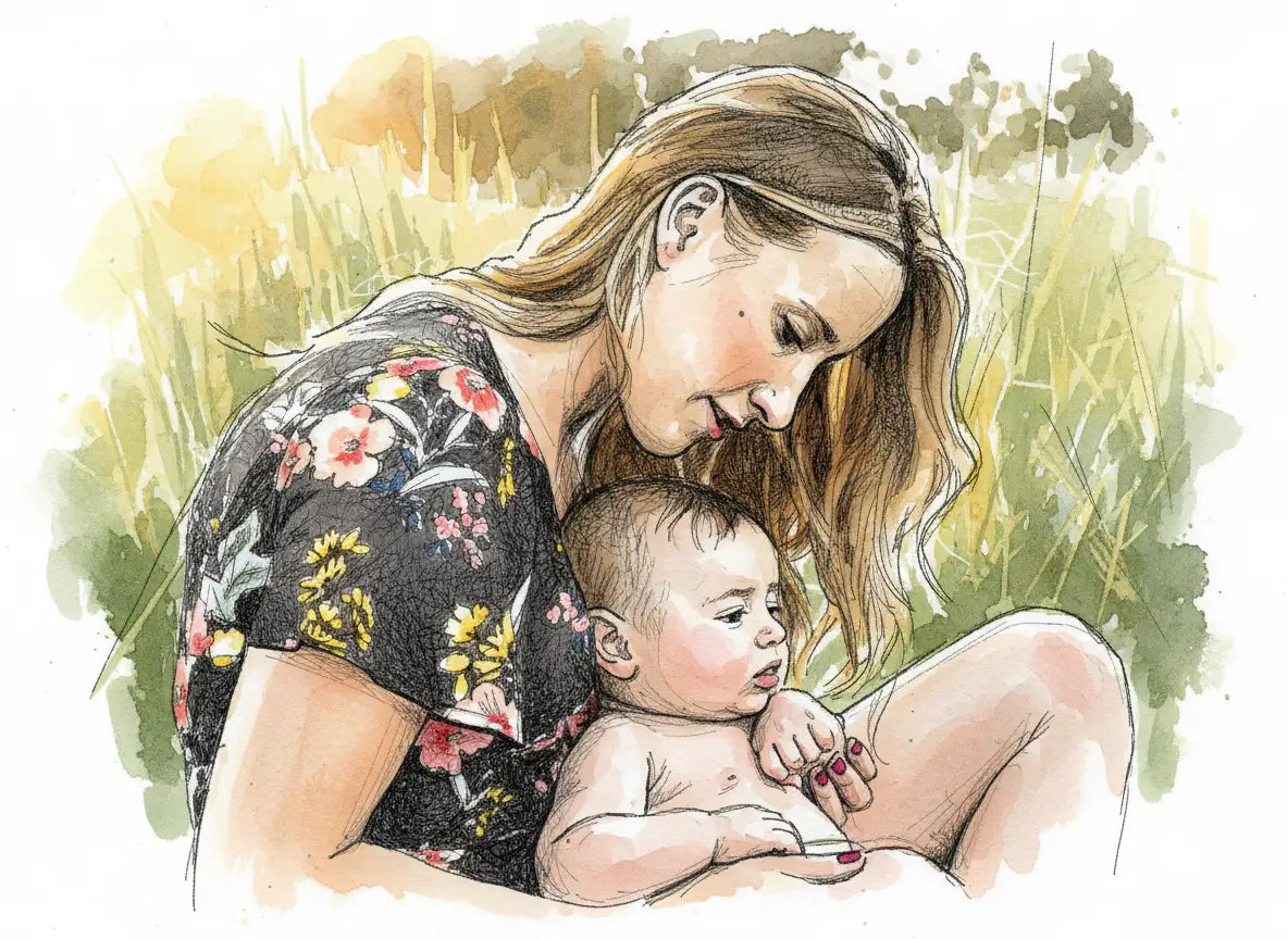 Watercolor illustration of a woman in a floral dress holding a baby