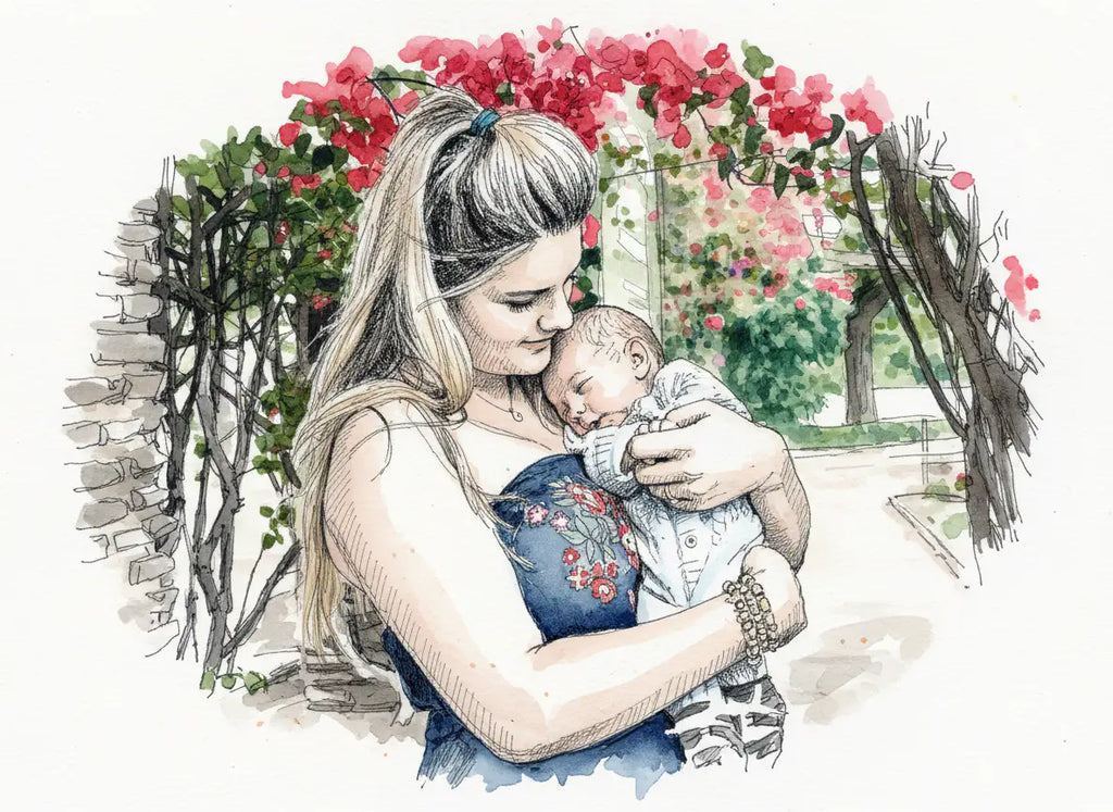 Watercolor illustration of a woman holding a sleeping baby in front of a flowering archway