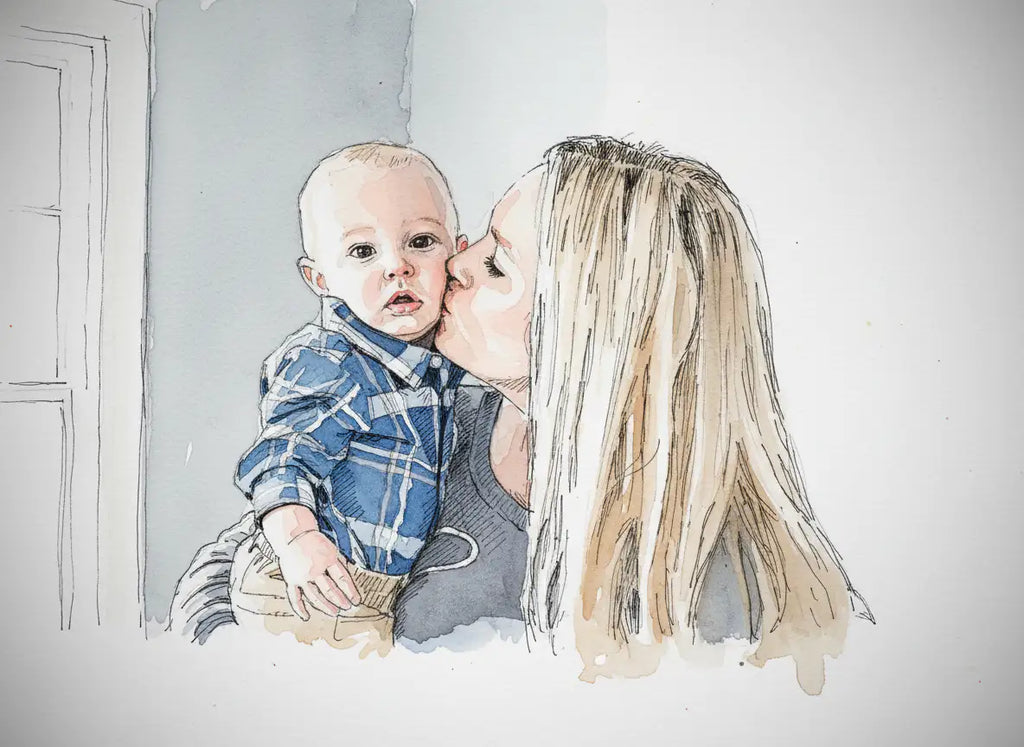 Watercolor illustration of a woman kissing a baby on the cheek