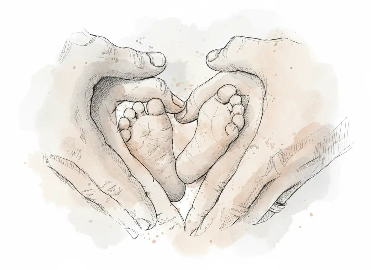 Watercolor sketch of adult hands forming a heart shape around baby feet
