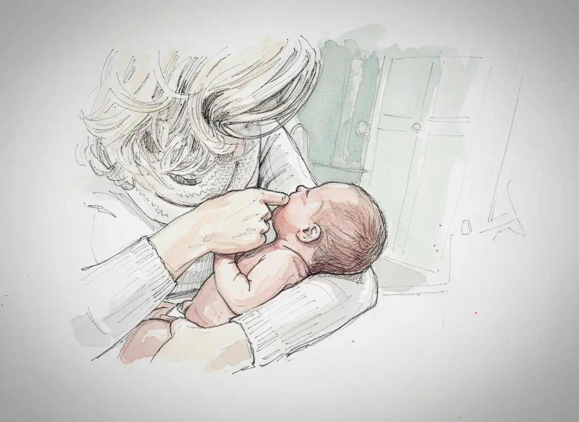Watercolor sketch of a person holding a newborn baby and touching its chin