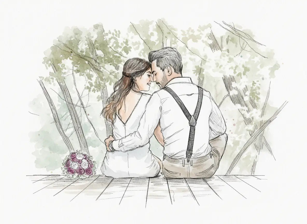 Watercolor illustration of a bride and groom sitting together on a wooden deck with a bouquet of roses