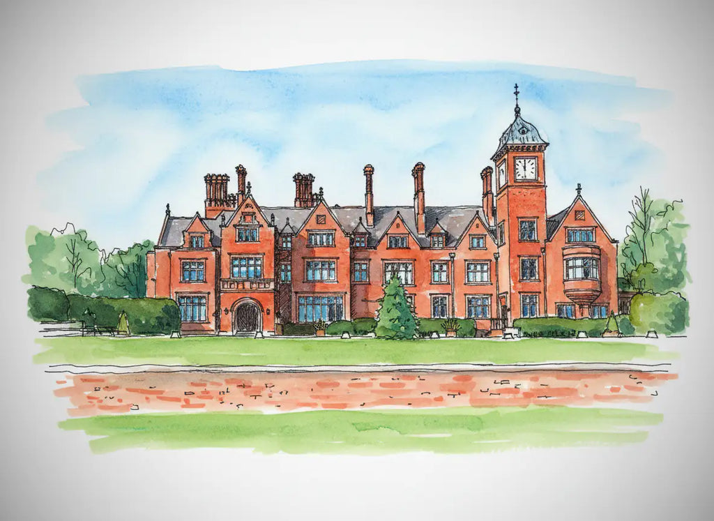 Watercolor illustration of a large red brick manor house with a clock tower and green lawn