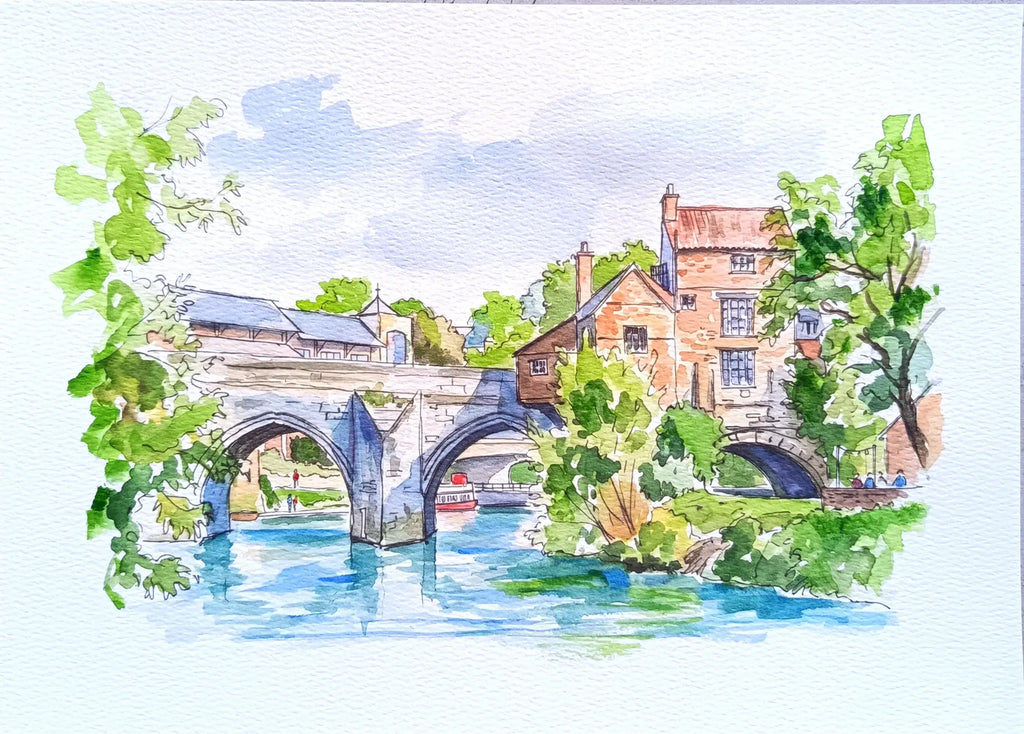 Art on a Wall custom watercolour painting of a stone bridge and historic building over a river