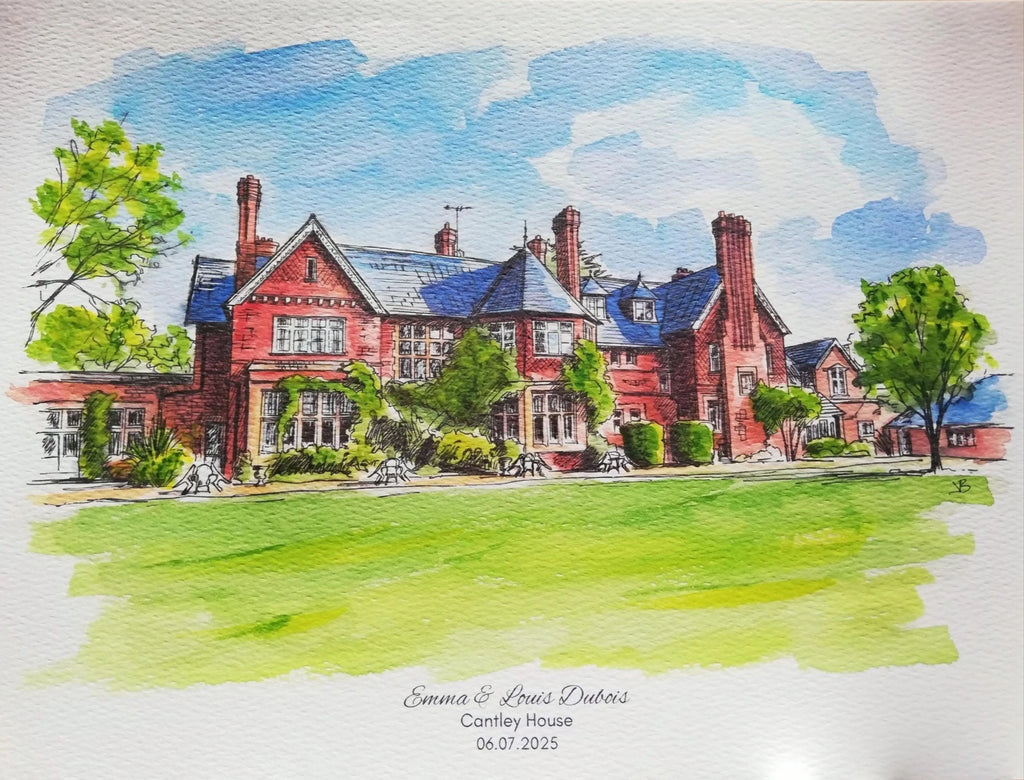 Art on a Wall watercolour painting of Cantley House wedding venue with green lawn and blue sky