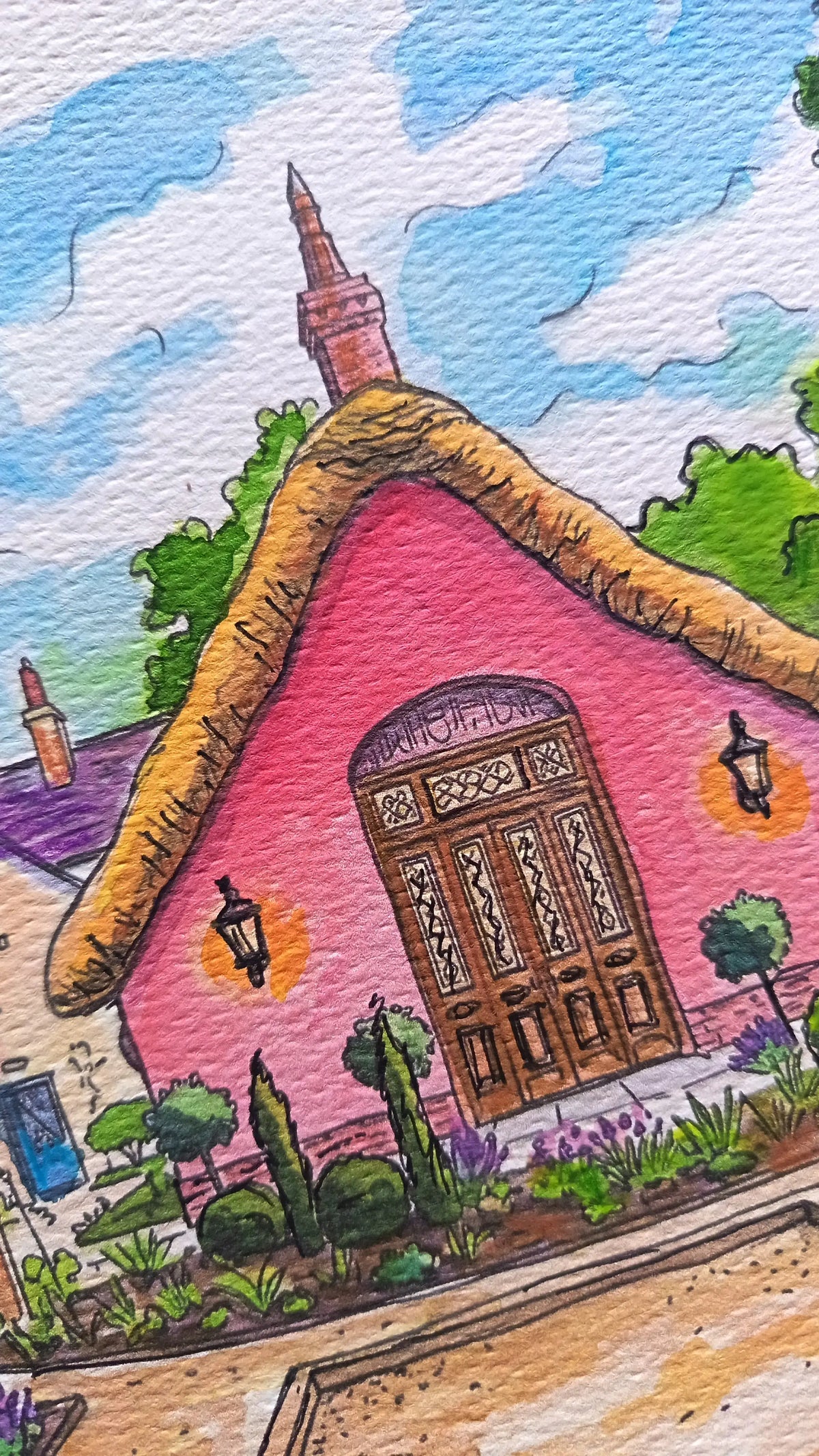Art on a Wall custom watercolour wedding venue painting of a pink building with a thatched roof and wooden door