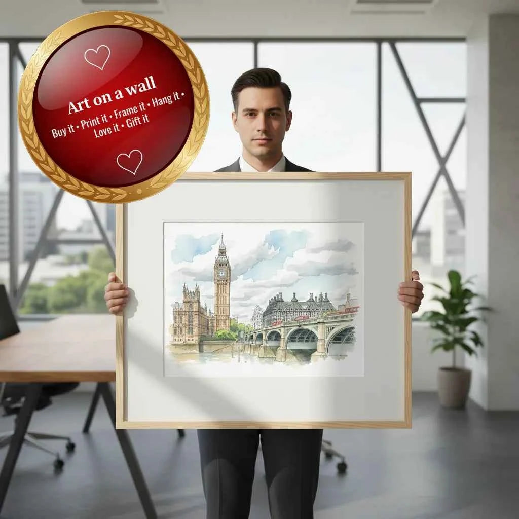 London Big Ben Watercolour Art – Westminster & Bridge Illustration (Instant Digital Download)