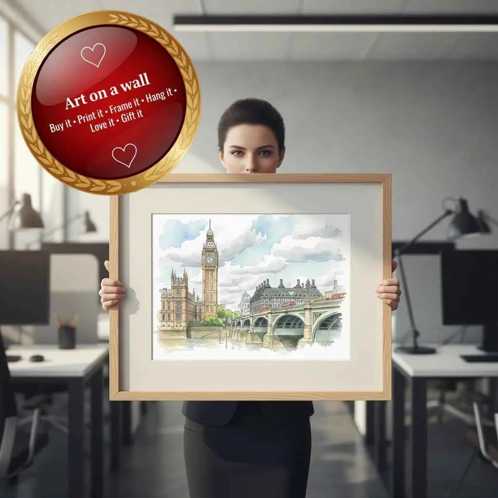 London Big Ben Watercolour Art – Westminster & Bridge Illustration (Instant Digital Download)