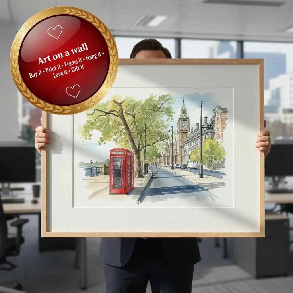 London Big Ben Watercolour Art with Red phone box –  instant download
