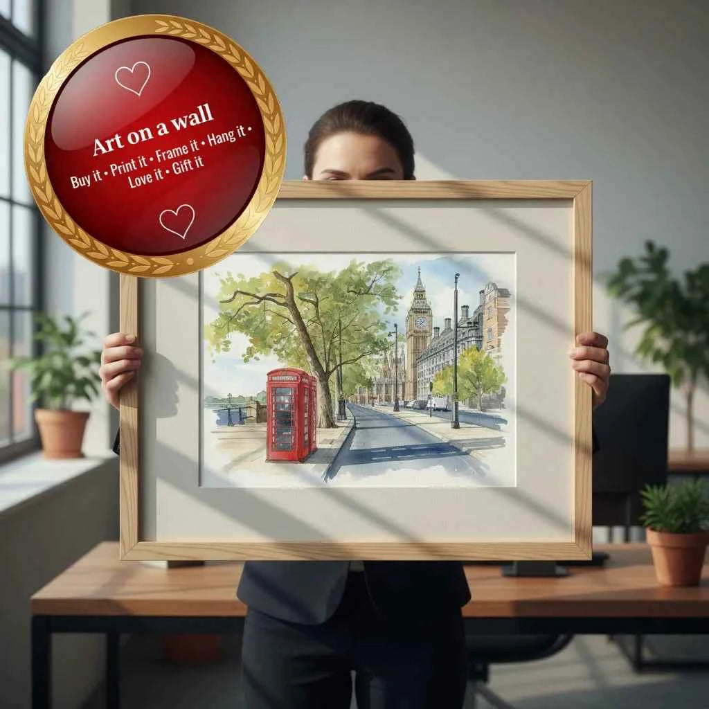 London Big Ben Watercolour Art with Red phone box –  instant download