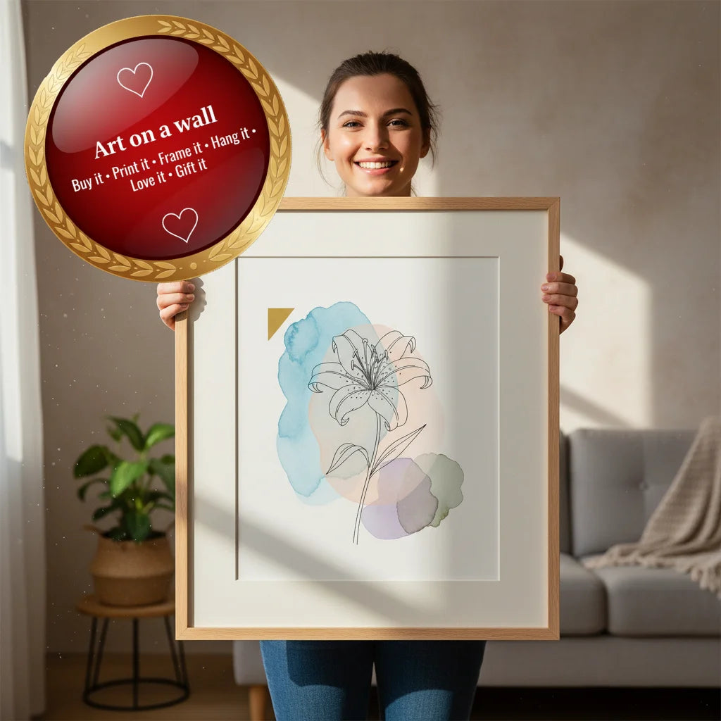 Modern Floral Line Art Watercolour Wash Drawing – Printable Digital File 