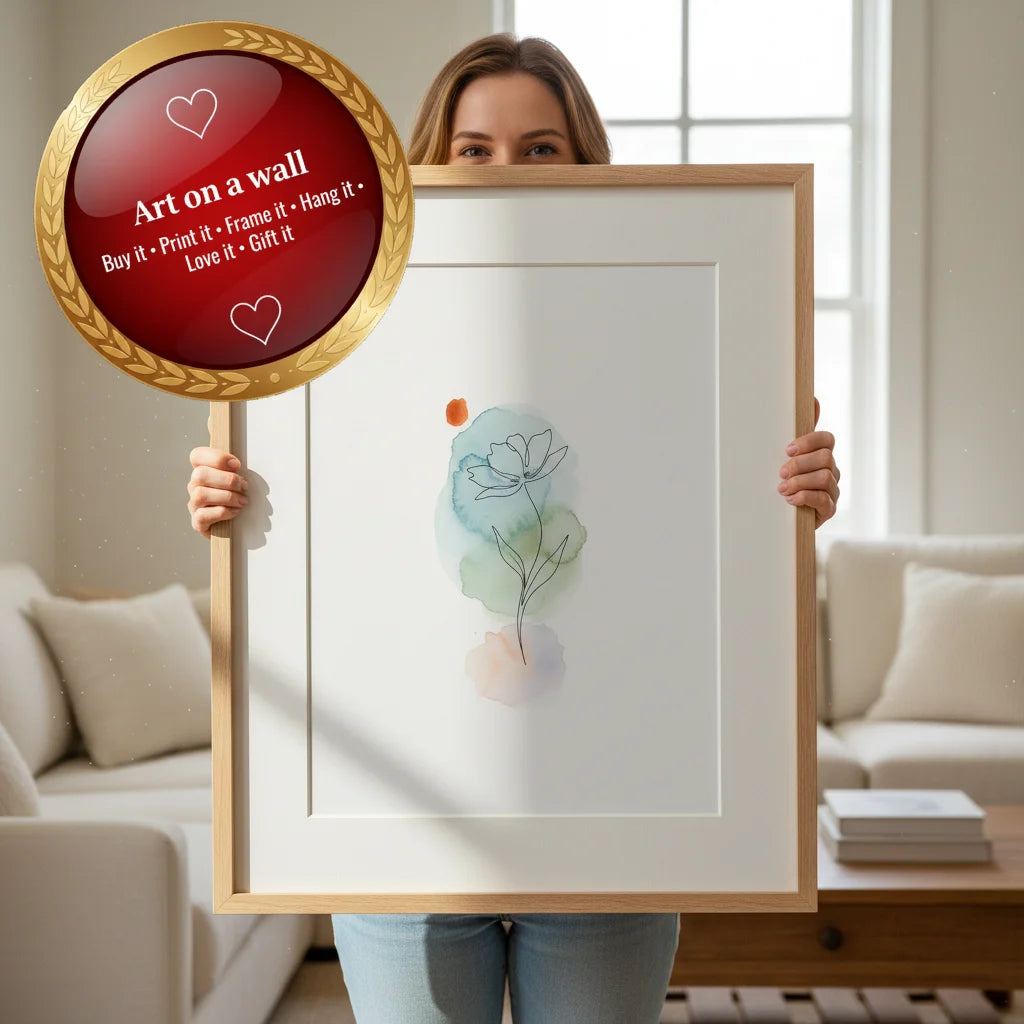 Modern Floral Line Art Watercolour Wash Drawing – Printable Digital File 