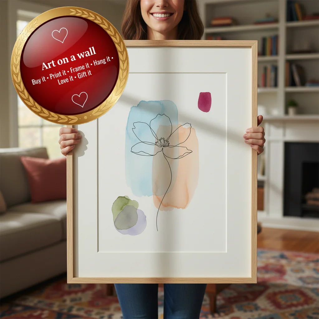 Modern Floral Line Art Watercolour Wash Drawing – Printable Digital File 