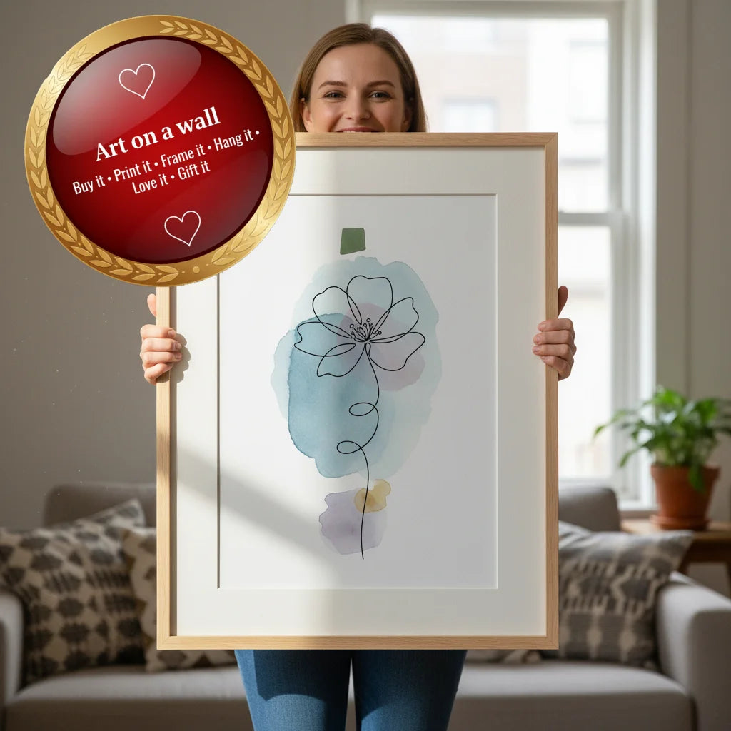 Modern Floral Line Art Watercolour Wash Drawing – Printable Digital File 