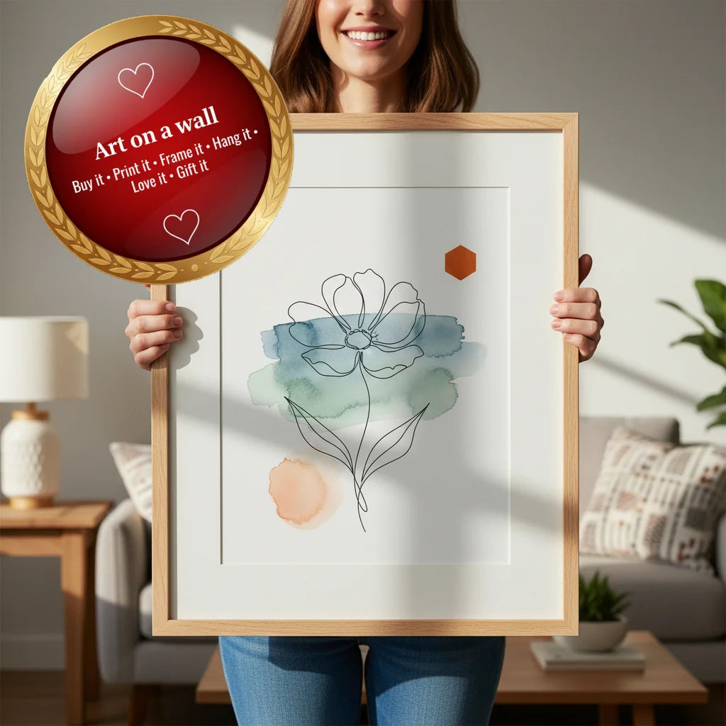 Modern Floral Line Art Watercolour Wash Drawing – Printable Digital File 