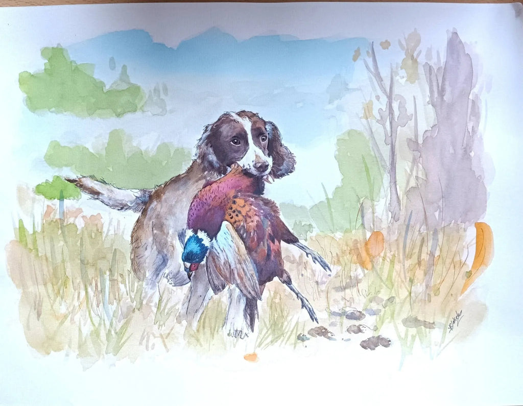 Watercolor painting of a brown and white dog carrying a pheasant duck in a grassy outdoor landscape with trees and blue sky.