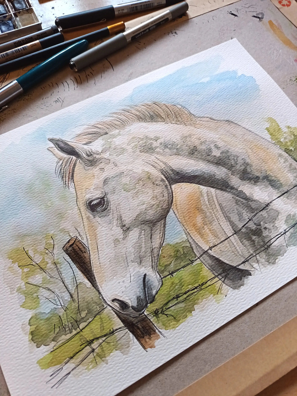 Art on a Wall horse watercolour painting custom hand-painted portrait on paper with art supplies