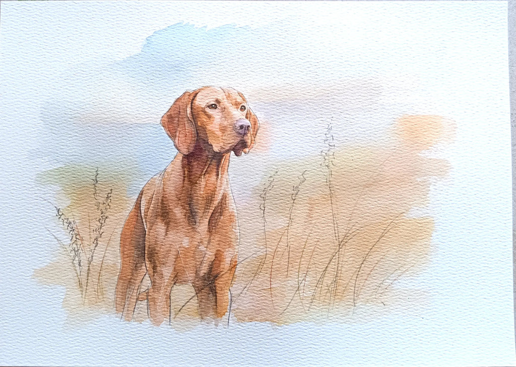 Watercolor painting of a brown dog standing in a field, rendered in soft warm tones on a white textured paper background.