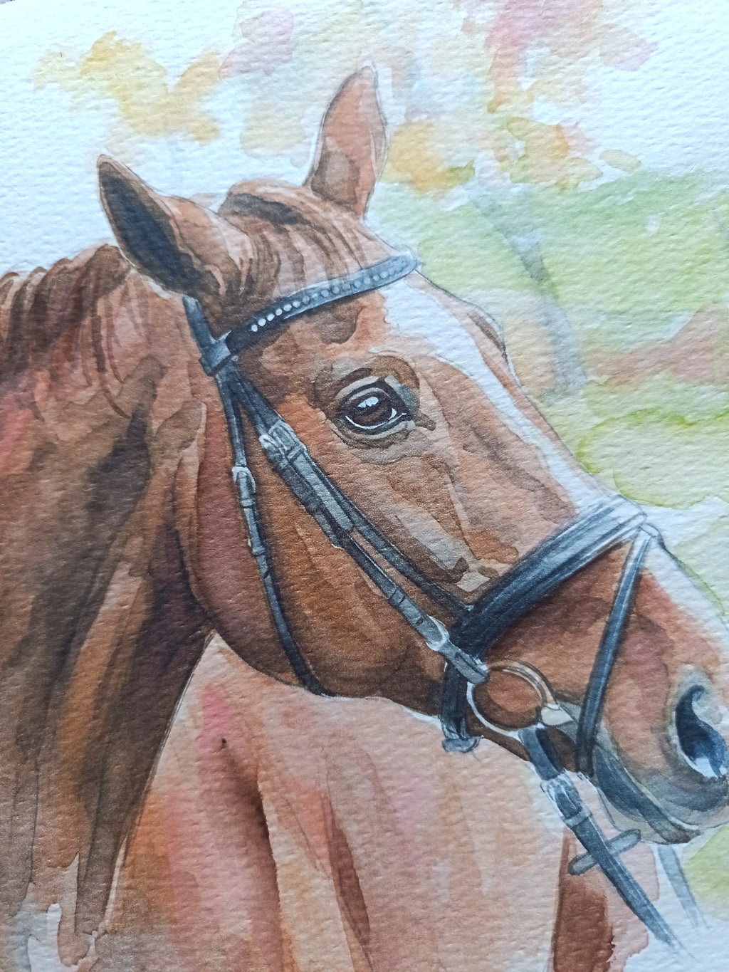 Watercolor painting of a brown horse wearing a dark bridle, with a soft pastel background in light green, yellow, and pink tones.