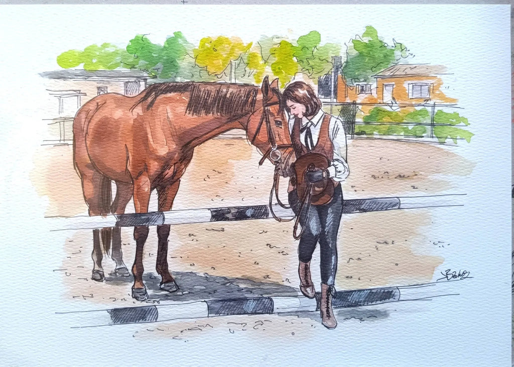 A watercolor painting of a woman leading a brown horse in an outdoor stable or paddock, with trees and buildings in the background.