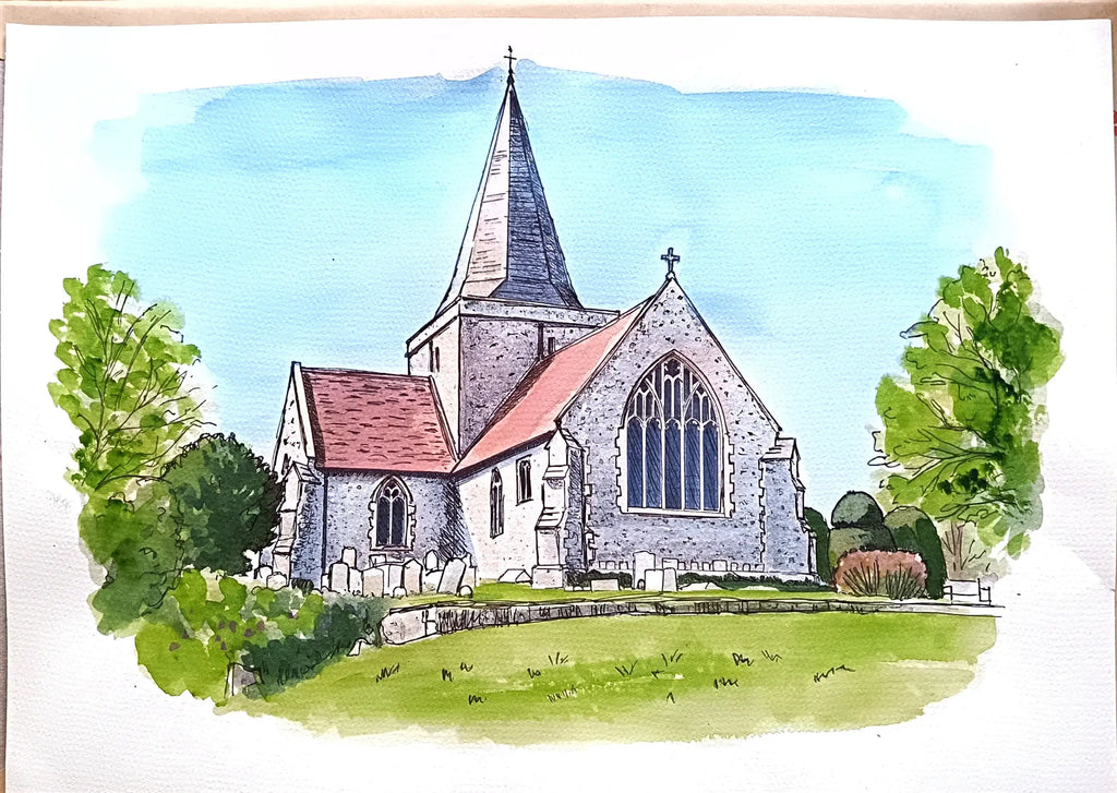 Art on a Wall custom watercolour painting of a stone church with a steeple and red roof surrounded by green trees