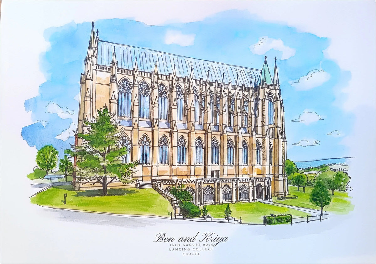 Art on a Wall custom watercolour painting of Lancing College Chapel for Ben and Kriya wedding