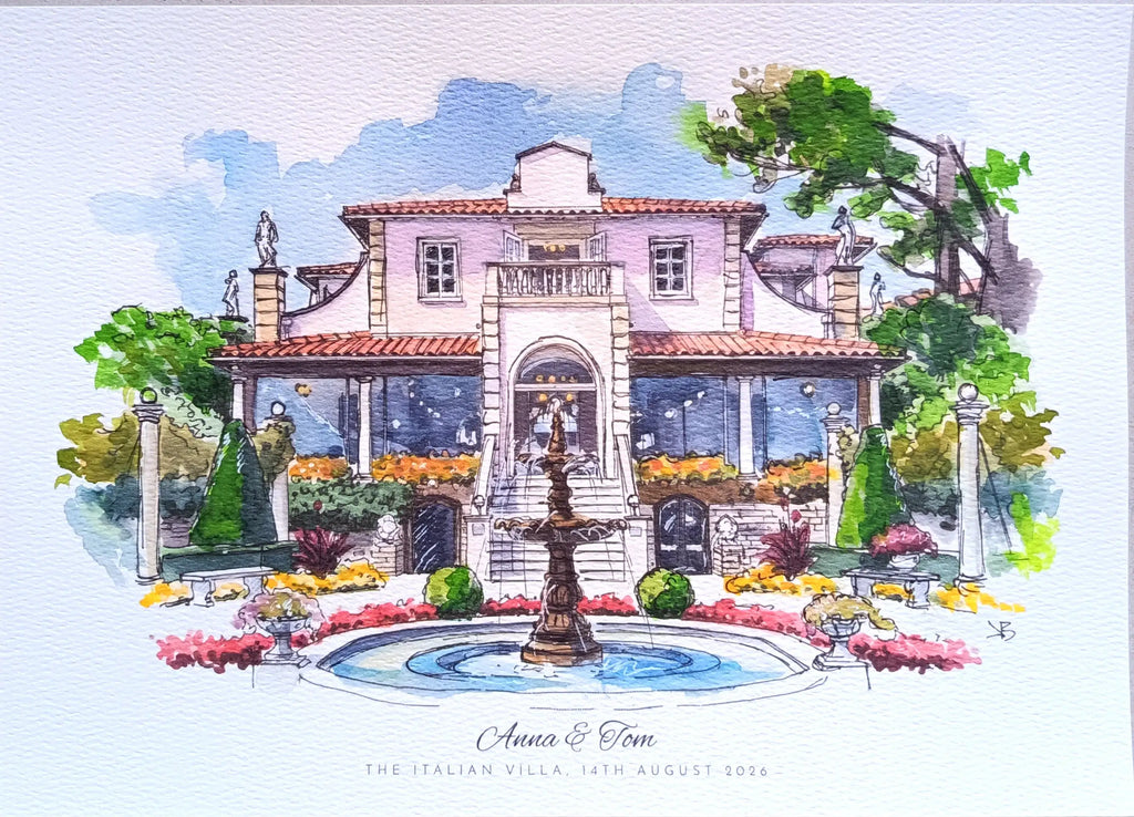 Art on a Wall custom watercolour painting of an Italian villa wedding venue with a central fountain