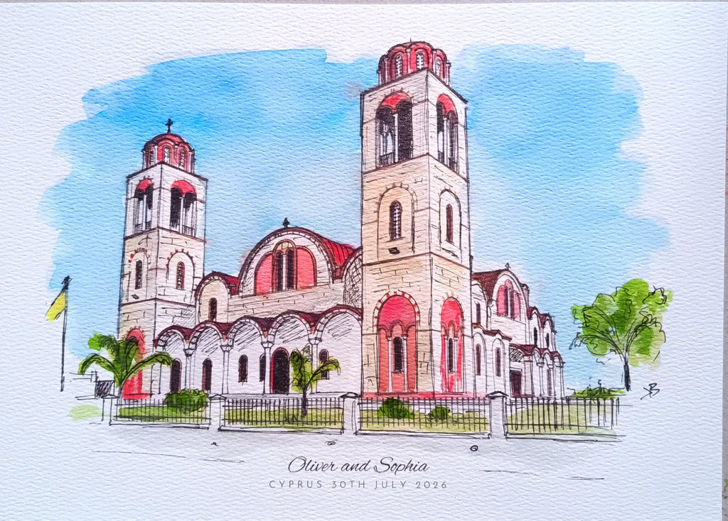 Art on a Wall custom watercolour wedding venue painting of a church with red domes and towers