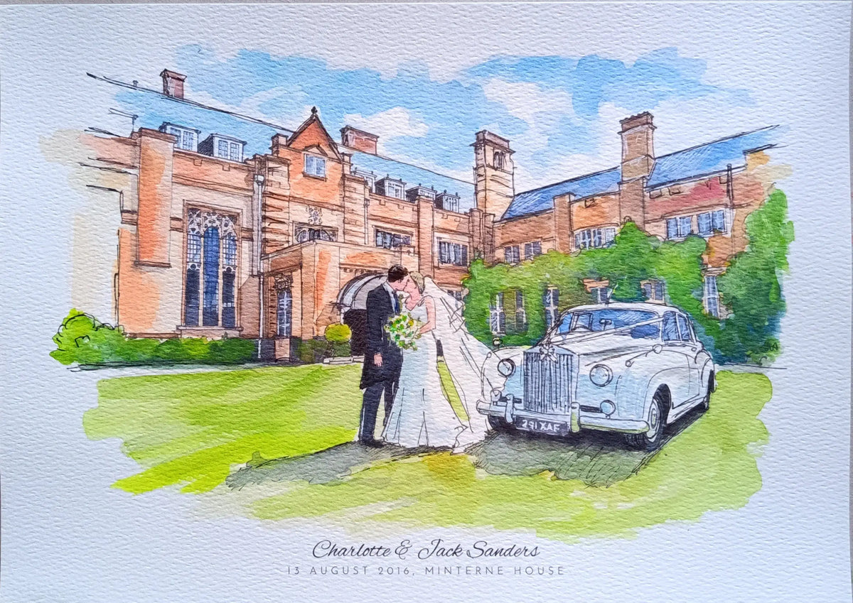 Art on a Wall custom watercolour wedding venue painting of a couple and vintage car in front of Minterne House