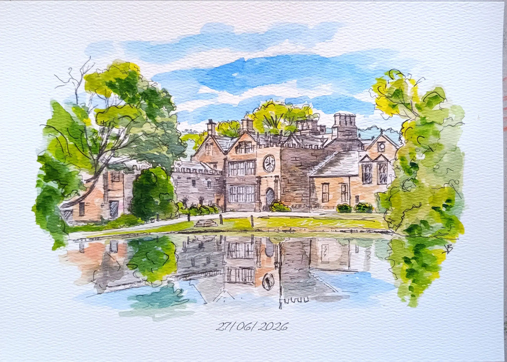 Art on a Wall custom watercolour painting of a stone wedding venue with a clock tower reflected in a pond