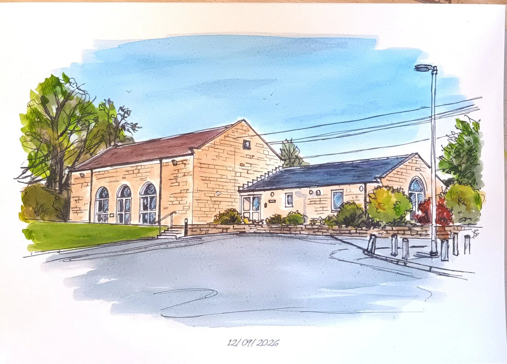 Art on a Wall custom watercolour painting of a stone wedding venue building with arched windows and a parking lot